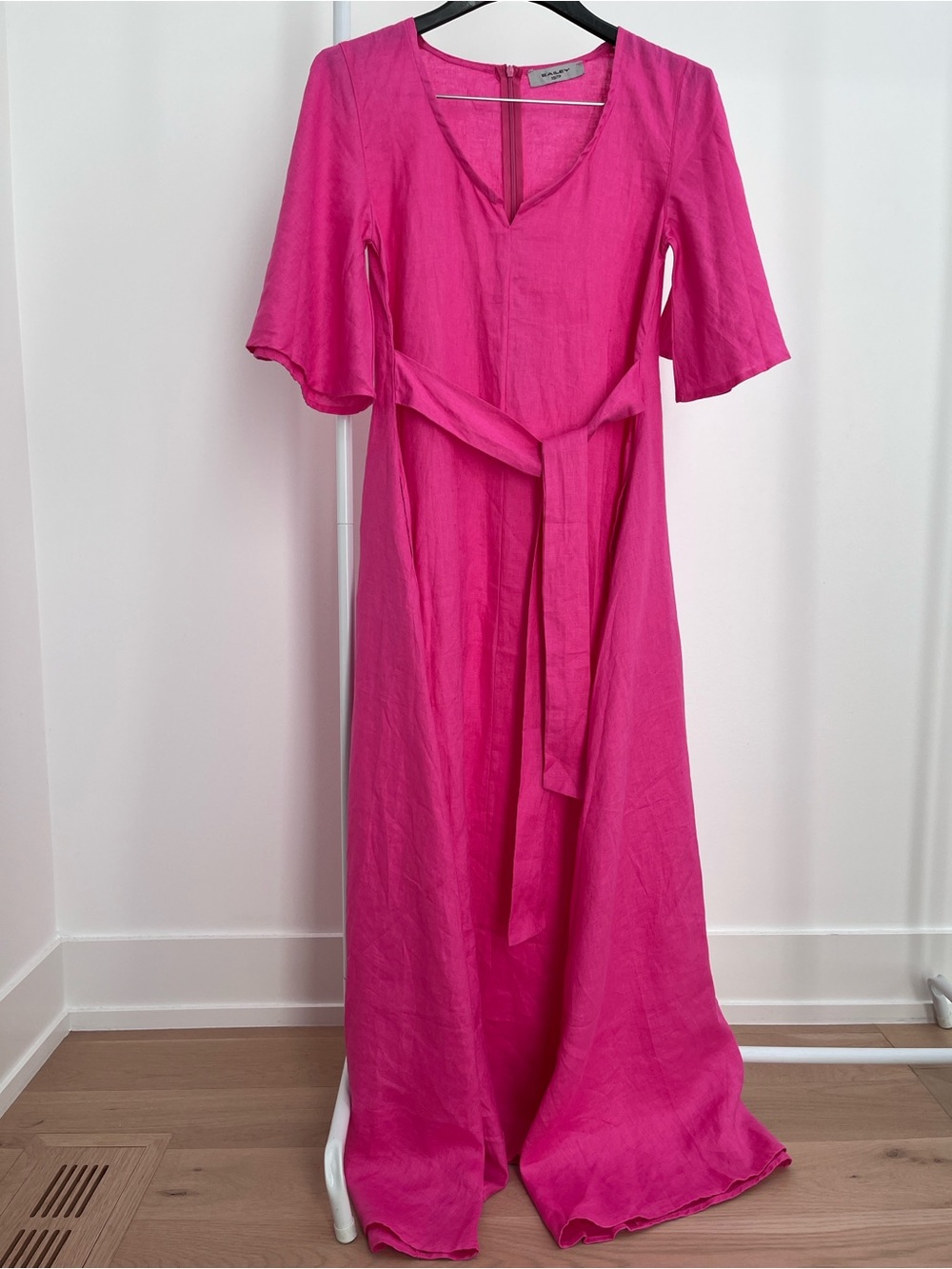 Bailey 100% linen flutter sleeve maxi dress with self belt XS pockets tie waist - Picture 3 of 10